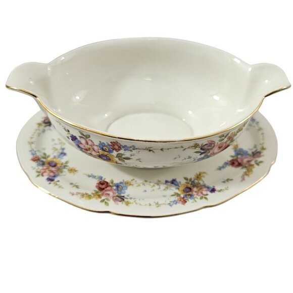 Imperial Bohemian Fine China Floral Print Gravy Boat w/Underplate Czechoslovakia - Picture 1 of 14